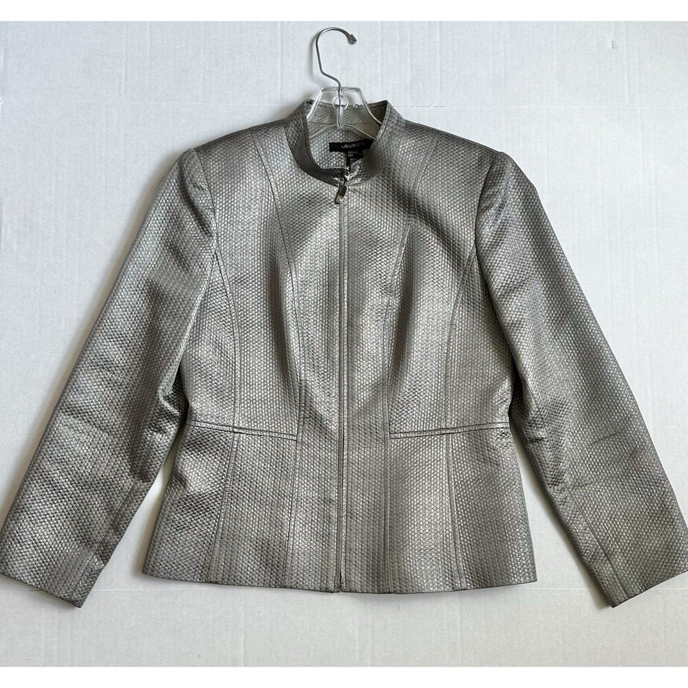 Louben Women’s Silver Gray Shimmer Metallic Tweed Zip Front Blazer Jacket Size 4